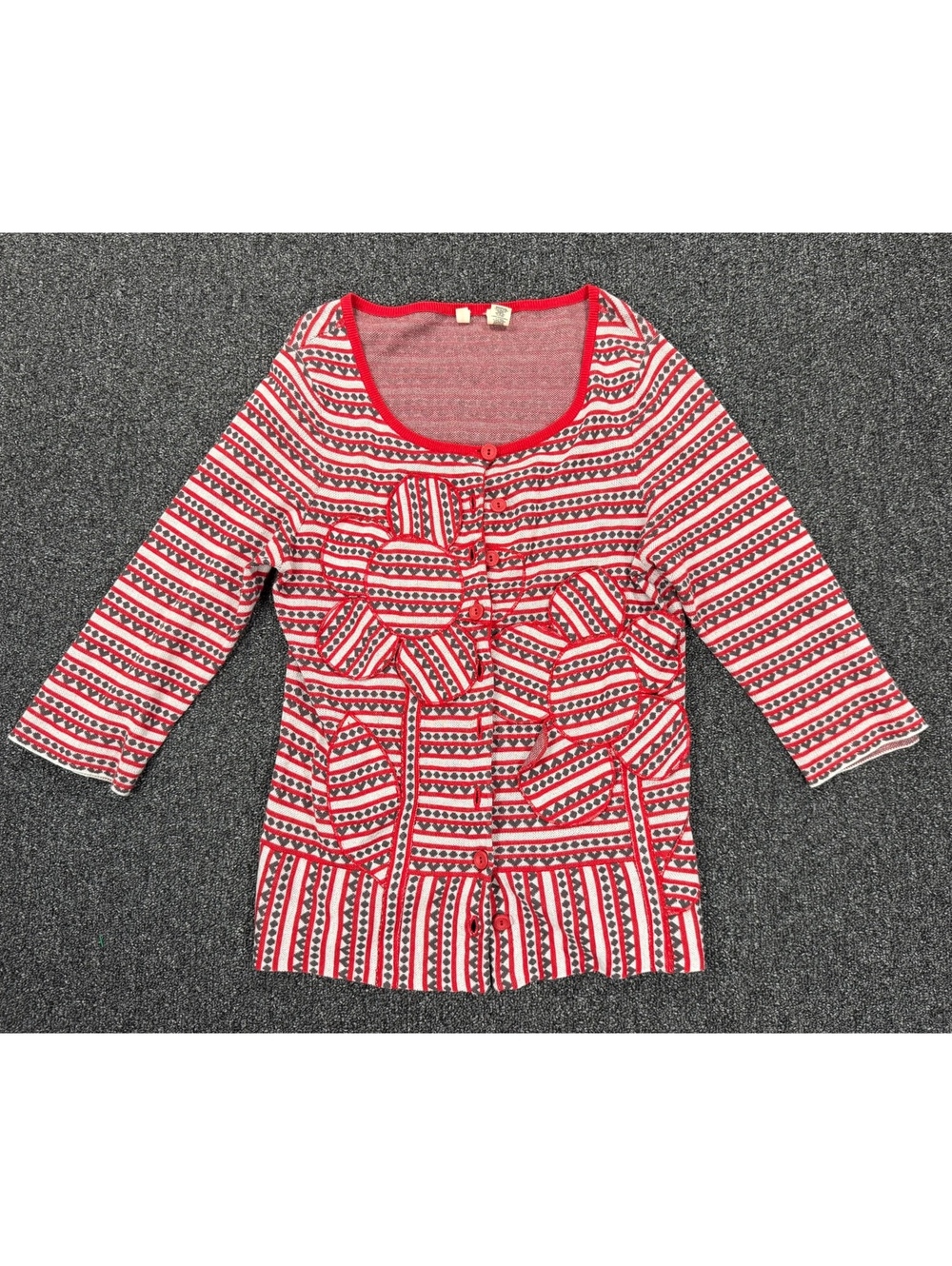 Moth Anthropologie Red and White Patterned floral embroidered Cotton Cardigan